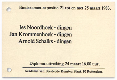 Arnold Schalks, Jan Krommenhoek, Ies Noordhoek, invitation 'Things', Rotterdam, 1983
